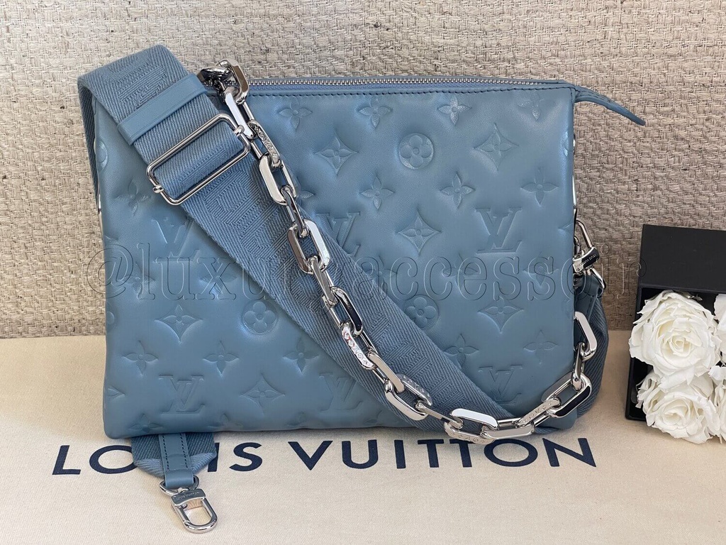 残少! Louis Vuitton ルイヴィトン COUSSIN PM BLEU GLACIER LOUIS VUITTON Lambskin Embossed Monogram Coussin PM Blue